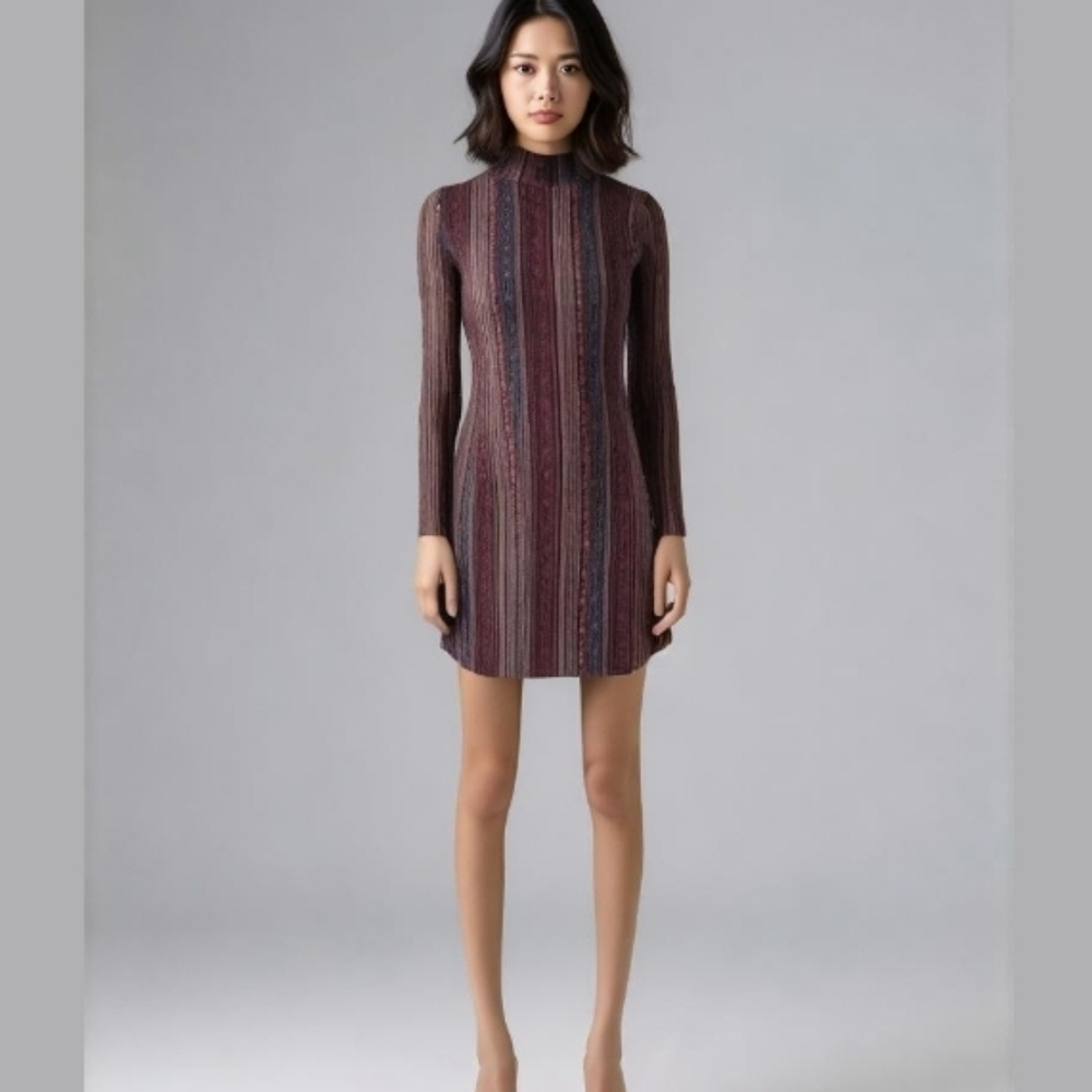 BCBGeneration Maroon & Blue Striped Pattern Long-Sleeve Mini Dress - Size Small